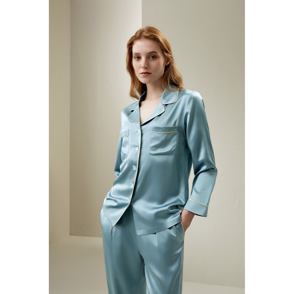 Lilysilk 100% Silk Gold Piping Button-Up Pajama Shirt Top Blue Haze Women's XL